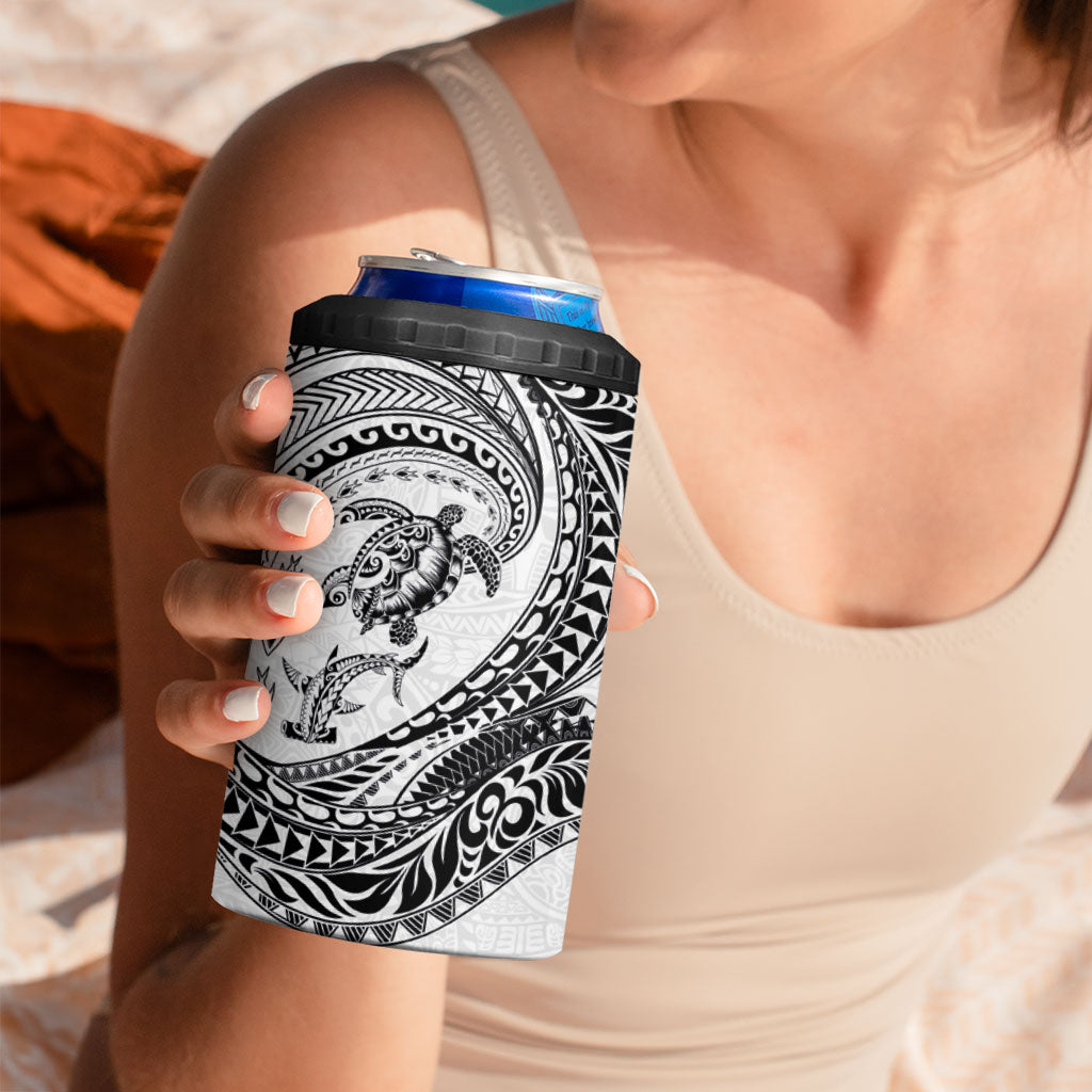 Hawaiian Turtle and Shark 4 in 1 Can Cooler Tumbler Kakau Tribal with Polynesian Pattern White Color