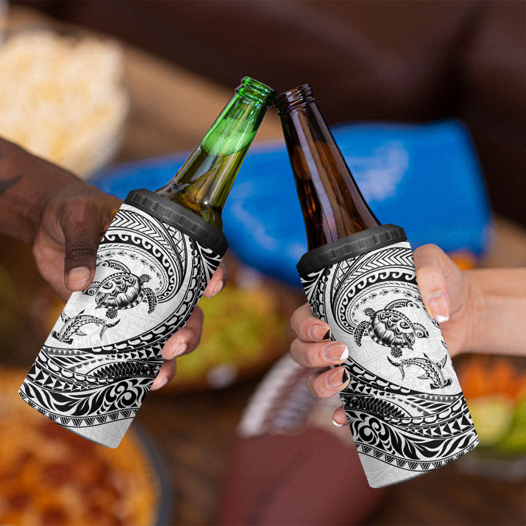 Hawaiian Turtle and Shark 4 in 1 Can Cooler Tumbler Kakau Tribal with Polynesian Pattern White Color