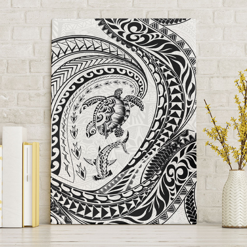 Hawaiian Turtle and Shark Canvas Wall Art Kakau Tribal with Polynesian Pattern White Color