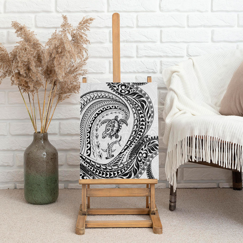 Hawaiian Turtle and Shark Canvas Wall Art Kakau Tribal with Polynesian Pattern White Color