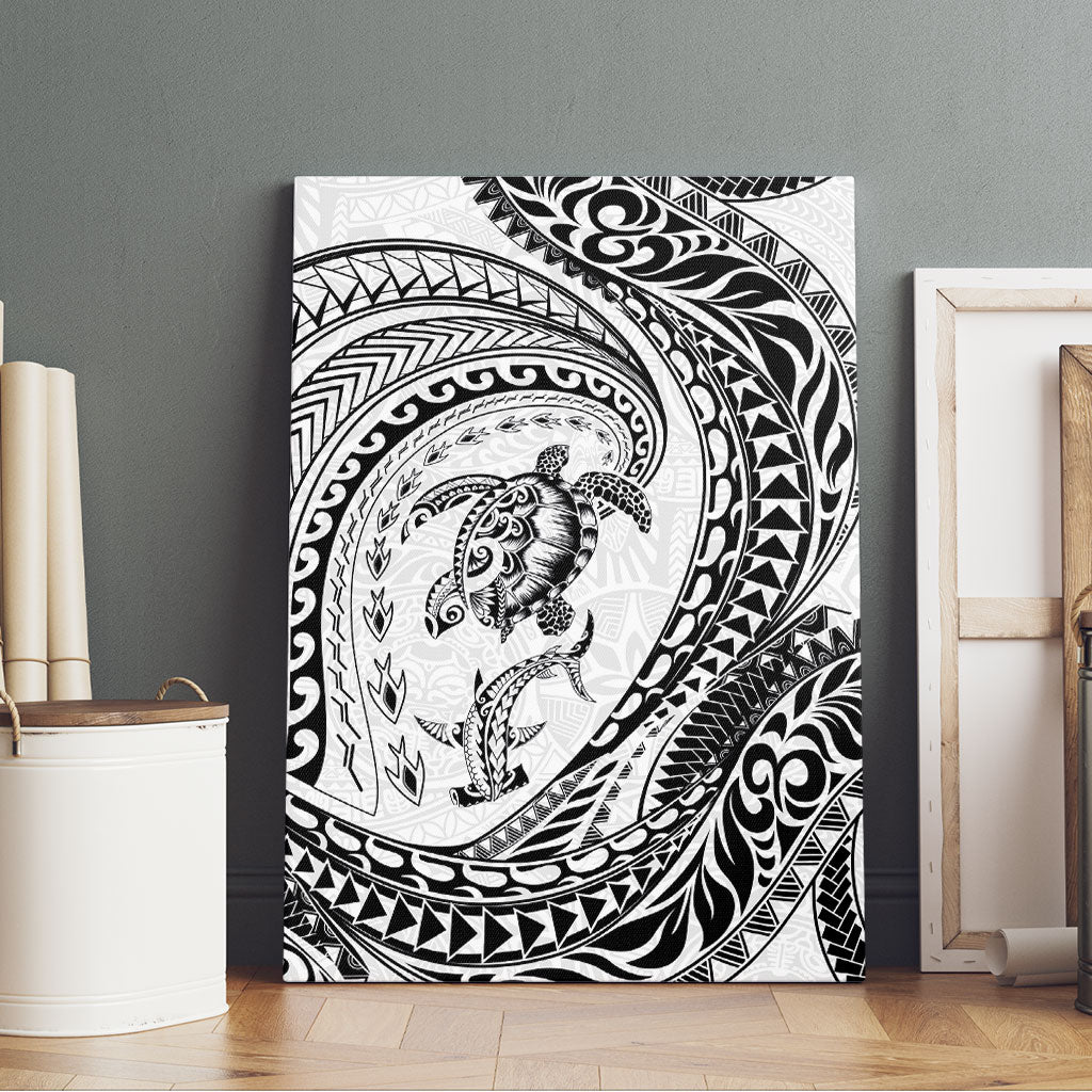 Hawaiian Turtle and Shark Canvas Wall Art Kakau Tribal with Polynesian Pattern White Color