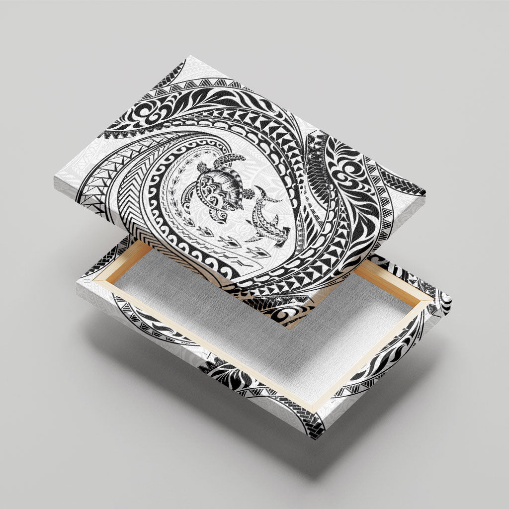 Hawaiian Turtle and Shark Canvas Wall Art Kakau Tribal with Polynesian Pattern White Color