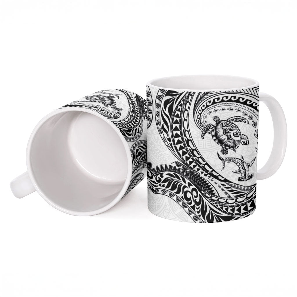 Hawaiian Turtle and Shark Ceramic Mug Kakau Tribal with Polynesian Pattern White Color