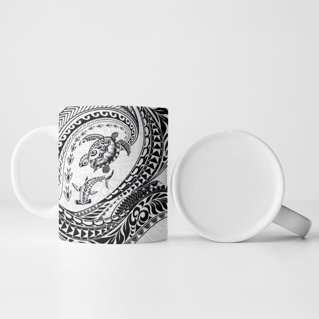 Hawaiian Turtle and Shark Ceramic Mug Kakau Tribal with Polynesian Pattern White Color