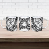 Hawaiian Turtle and Shark Ceramic Mug Kakau Tribal with Polynesian Pattern White Color