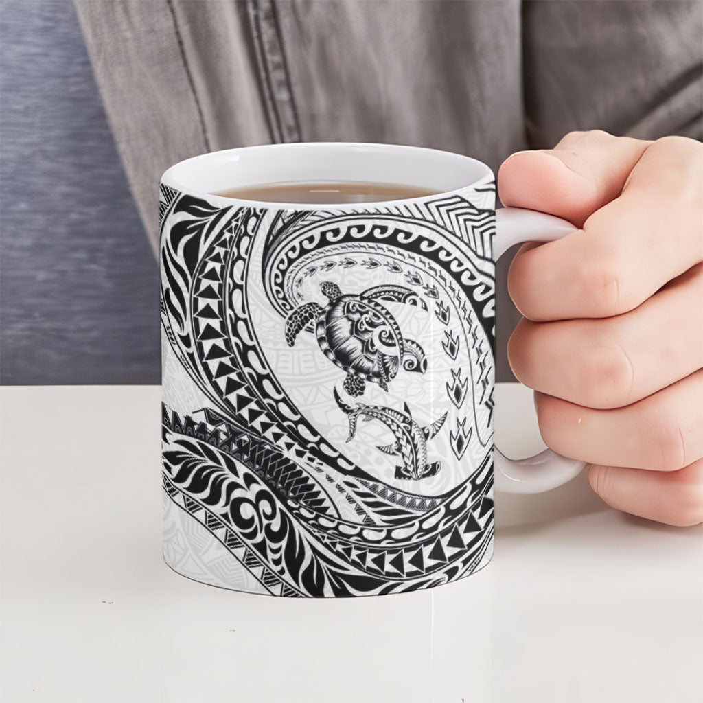 Hawaiian Turtle and Shark Ceramic Mug Kakau Tribal with Polynesian Pattern White Color