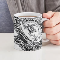 Hawaiian Turtle and Shark Ceramic Mug Kakau Tribal with Polynesian Pattern White Color