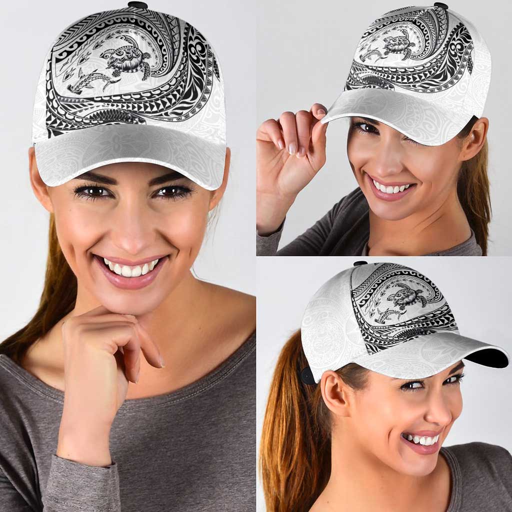 Hawaiian Turtle and Shark Classic Cap Kakau Tribal with Polynesian Pattern White Color