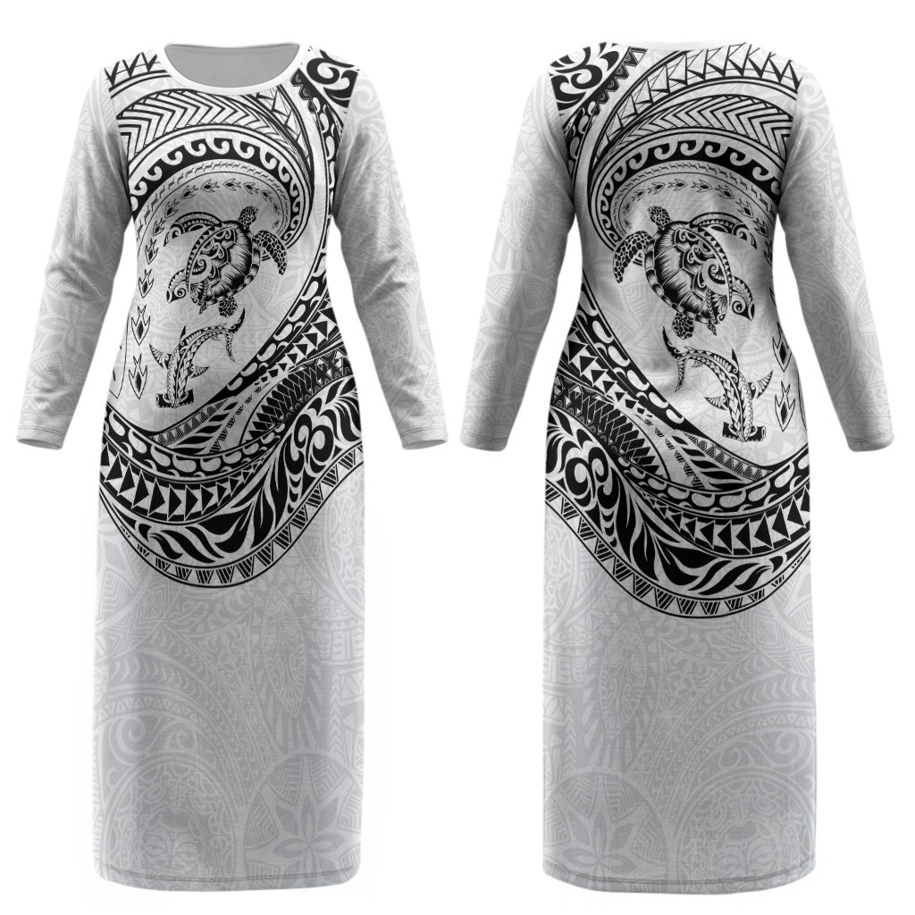 Hawaiian Turtle and Shark Couples Matching Long Sleeve Bodycon Dress and Hawaiian Shirt Kakau Tribal with Polynesian Pattern White Color