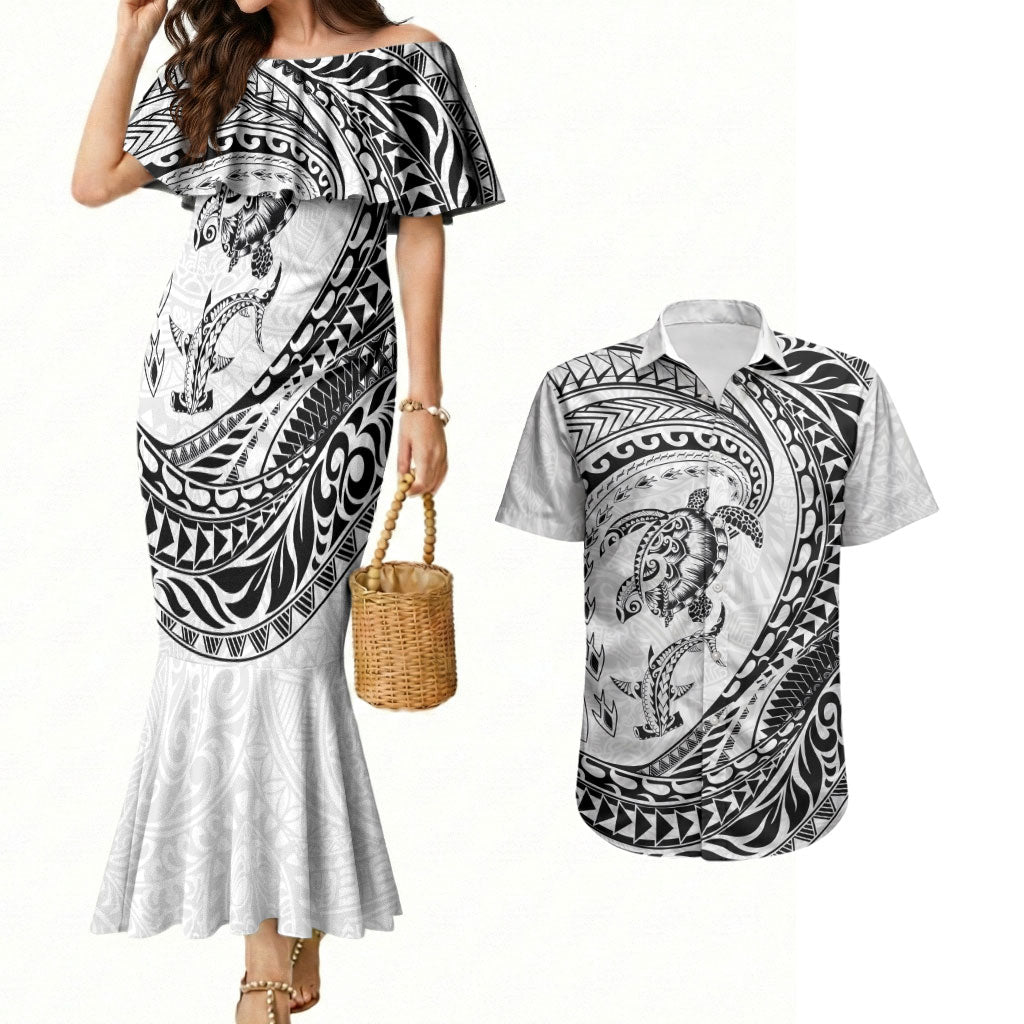 Hawaiian Turtle and Shark Couples Matching Mermaid Dress and Hawaiian Shirt Kakau Tribal with Polynesian Pattern White Color