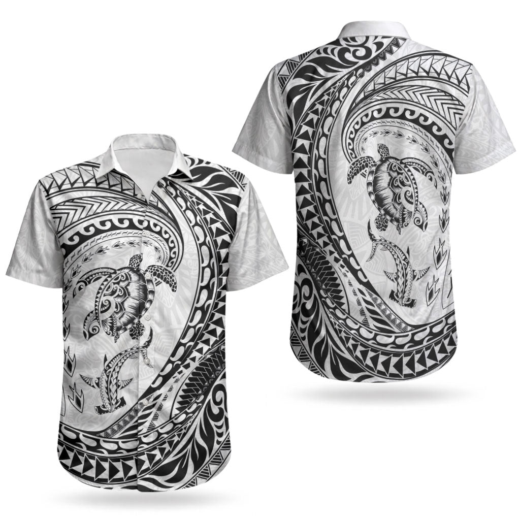 Hawaiian Turtle and Shark Couples Matching Mermaid Dress and Hawaiian Shirt Kakau Tribal with Polynesian Pattern White Color