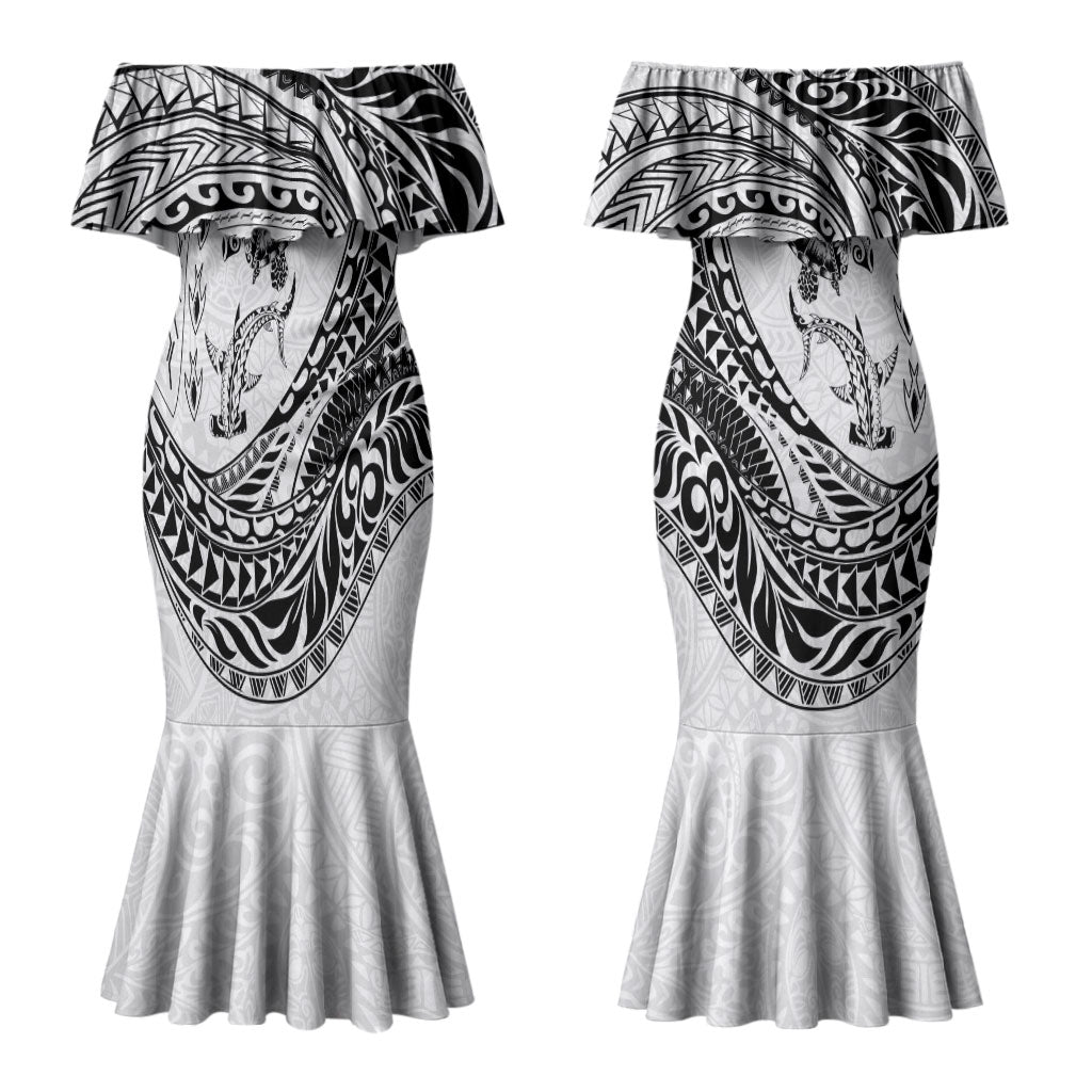 Hawaiian Turtle and Shark Couples Matching Mermaid Dress and Long Sleeve Button Shirt Kakau Tribal with Polynesian Pattern White Color