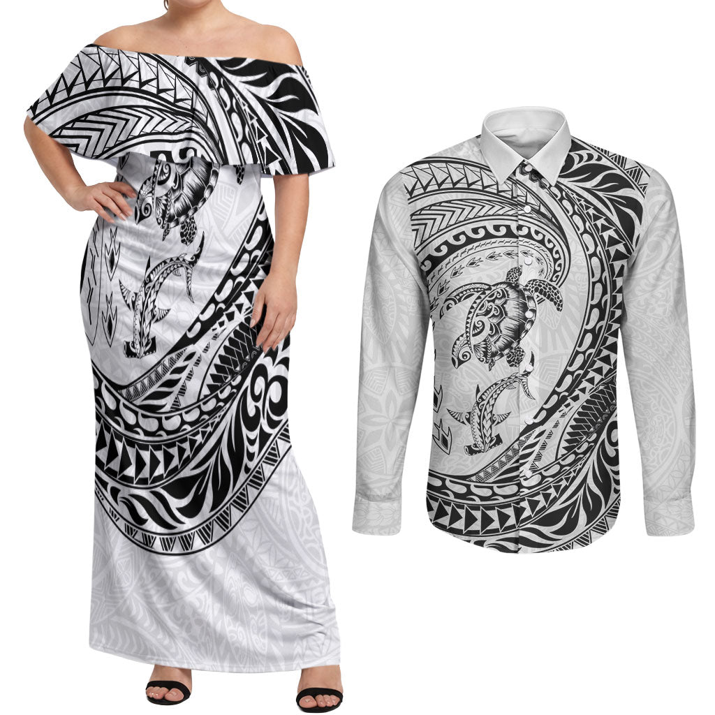 Hawaiian Turtle and Shark Couples Matching Off Shoulder Maxi Dress and Long Sleeve Button Shirt Kakau Tribal with Polynesian Pattern White Color