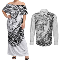 Hawaiian Turtle and Shark Couples Matching Off Shoulder Maxi Dress and Long Sleeve Button Shirt Kakau Tribal with Polynesian Pattern White Color