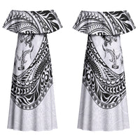 Hawaiian Turtle and Shark Couples Matching Off Shoulder Maxi Dress and Long Sleeve Button Shirt Kakau Tribal with Polynesian Pattern White Color
