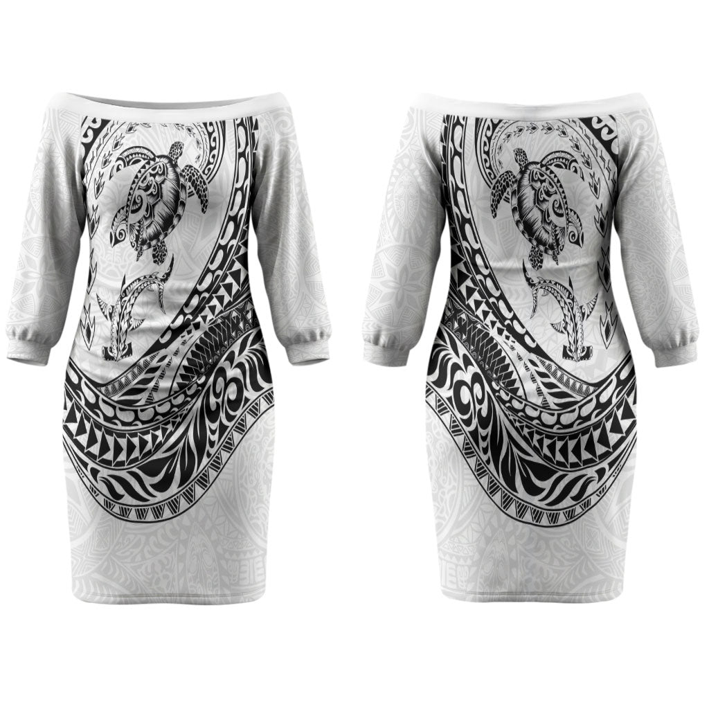 Hawaiian Turtle and Shark Couples Matching Off The Shoulder Long Sleeve Dress and Long Sleeve Button Shirt Kakau Tribal with Polynesian Pattern White Color