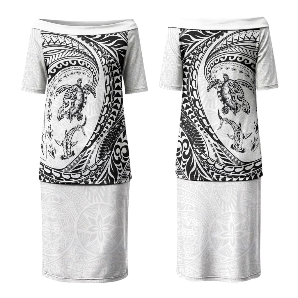 Hawaiian Turtle and Shark Couples Matching Puletasi and Hawaiian Shirt Kakau Tribal with Polynesian Pattern White Color