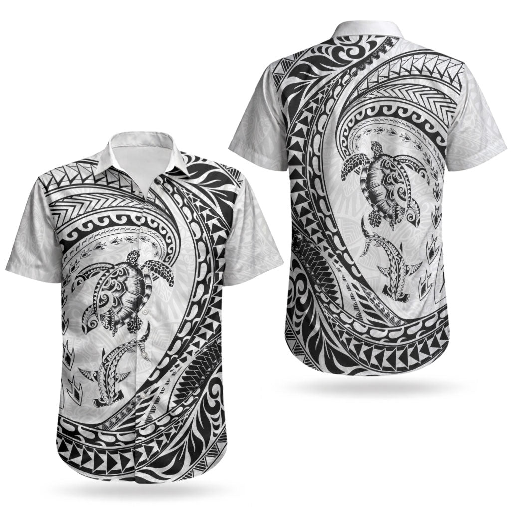 Hawaiian Turtle and Shark Couples Matching Short Sleeve Bodycon Dress and Hawaiian Shirt Kakau Tribal with Polynesian Pattern White Color