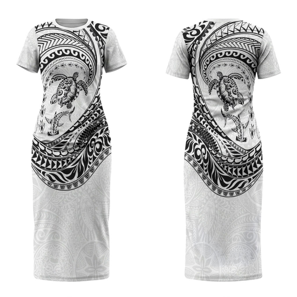 Hawaiian Turtle and Shark Couples Matching Short Sleeve Bodycon Dress and Hawaiian Shirt Kakau Tribal with Polynesian Pattern White Color