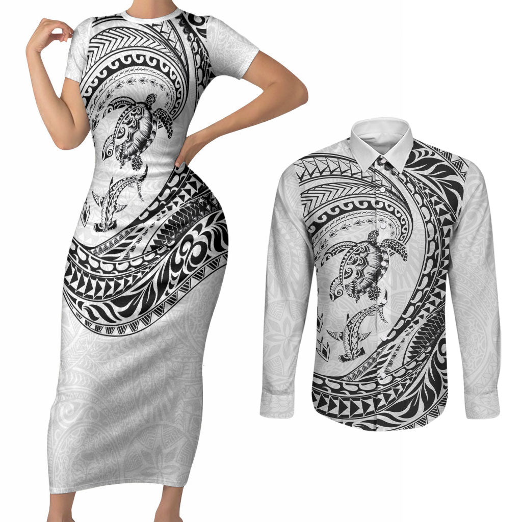 Hawaiian Turtle and Shark Couples Matching Short Sleeve Bodycon Dress and Long Sleeve Button Shirt Kakau Tribal with Polynesian Pattern White Color