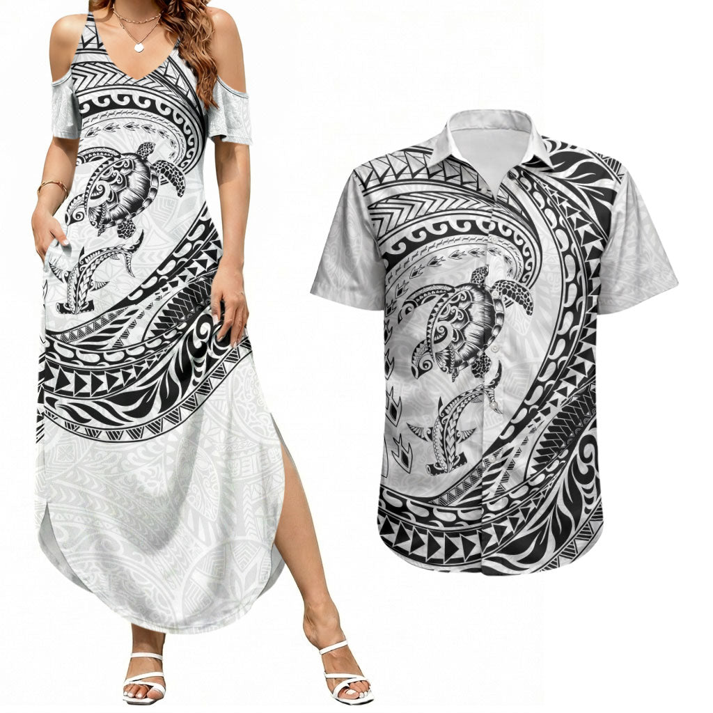 Hawaiian Turtle and Shark Couples Matching Summer Maxi Dress and Hawaiian Shirt Kakau Tribal with Polynesian Pattern White Color