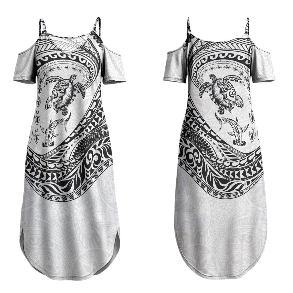Hawaiian Turtle and Shark Couples Matching Summer Maxi Dress and Hawaiian Shirt Kakau Tribal with Polynesian Pattern White Color
