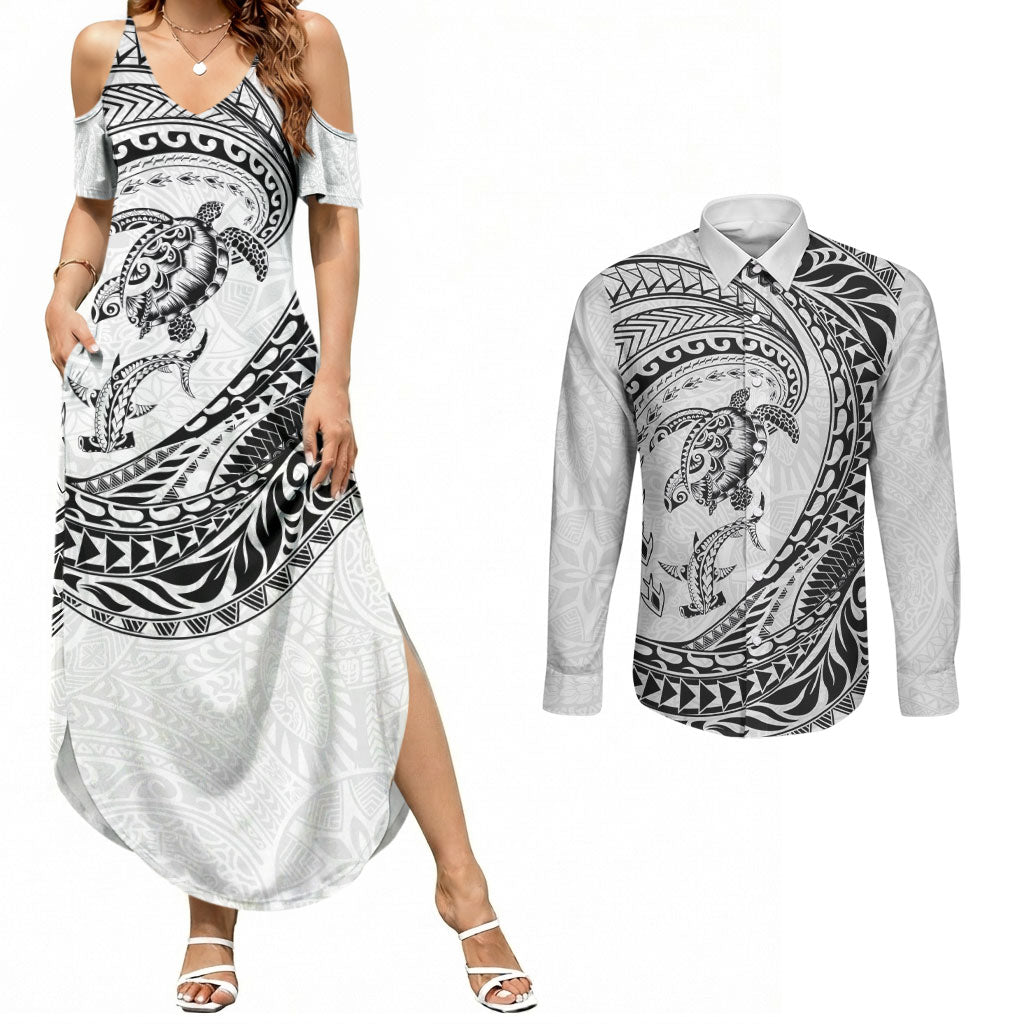 Hawaiian Turtle and Shark Couples Matching Summer Maxi Dress and Long Sleeve Button Shirt Kakau Tribal with Polynesian Pattern White Color