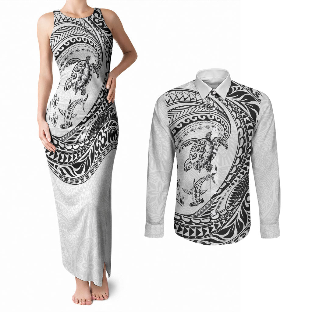 Hawaiian Turtle and Shark Couples Matching Tank Maxi Dress and Long Sleeve Button Shirt Kakau Tribal with Polynesian Pattern White Color