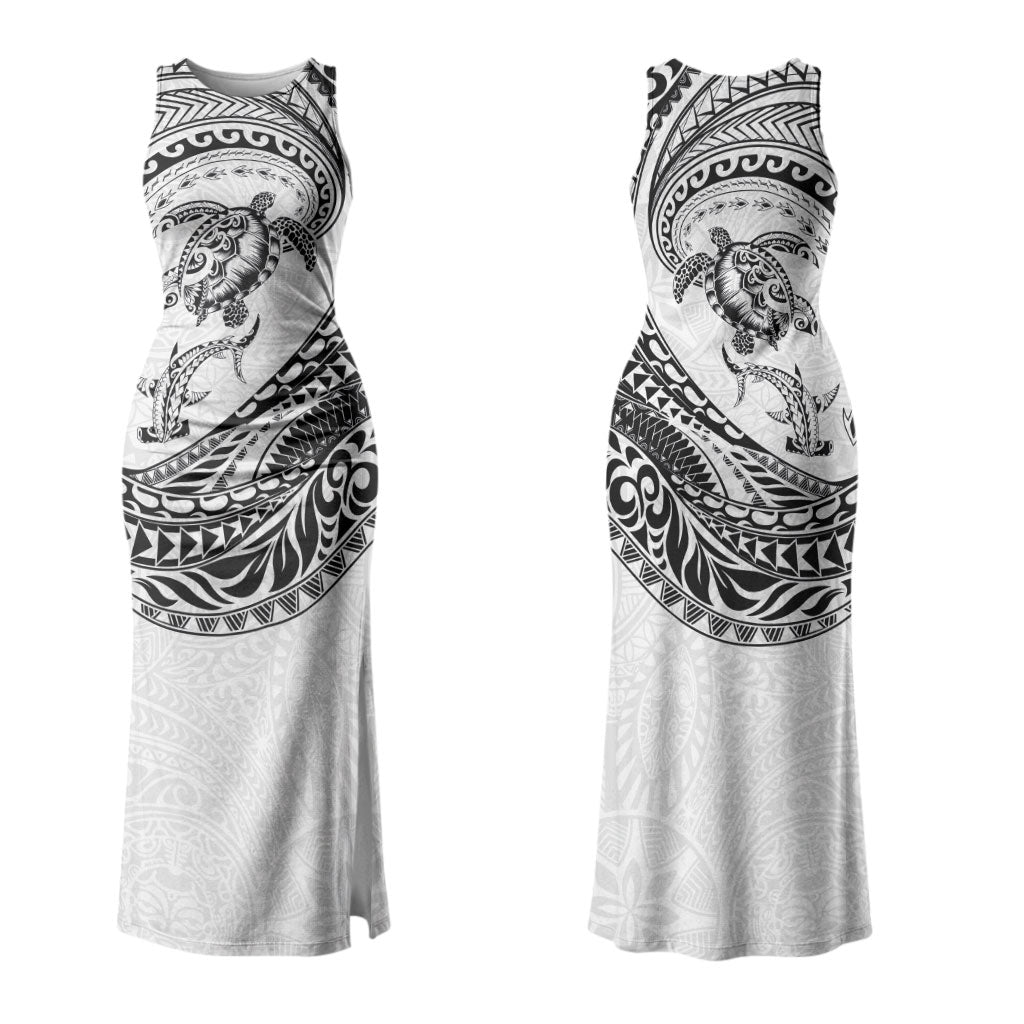 Hawaiian Turtle and Shark Couples Matching Tank Maxi Dress and Long Sleeve Button Shirt Kakau Tribal with Polynesian Pattern White Color