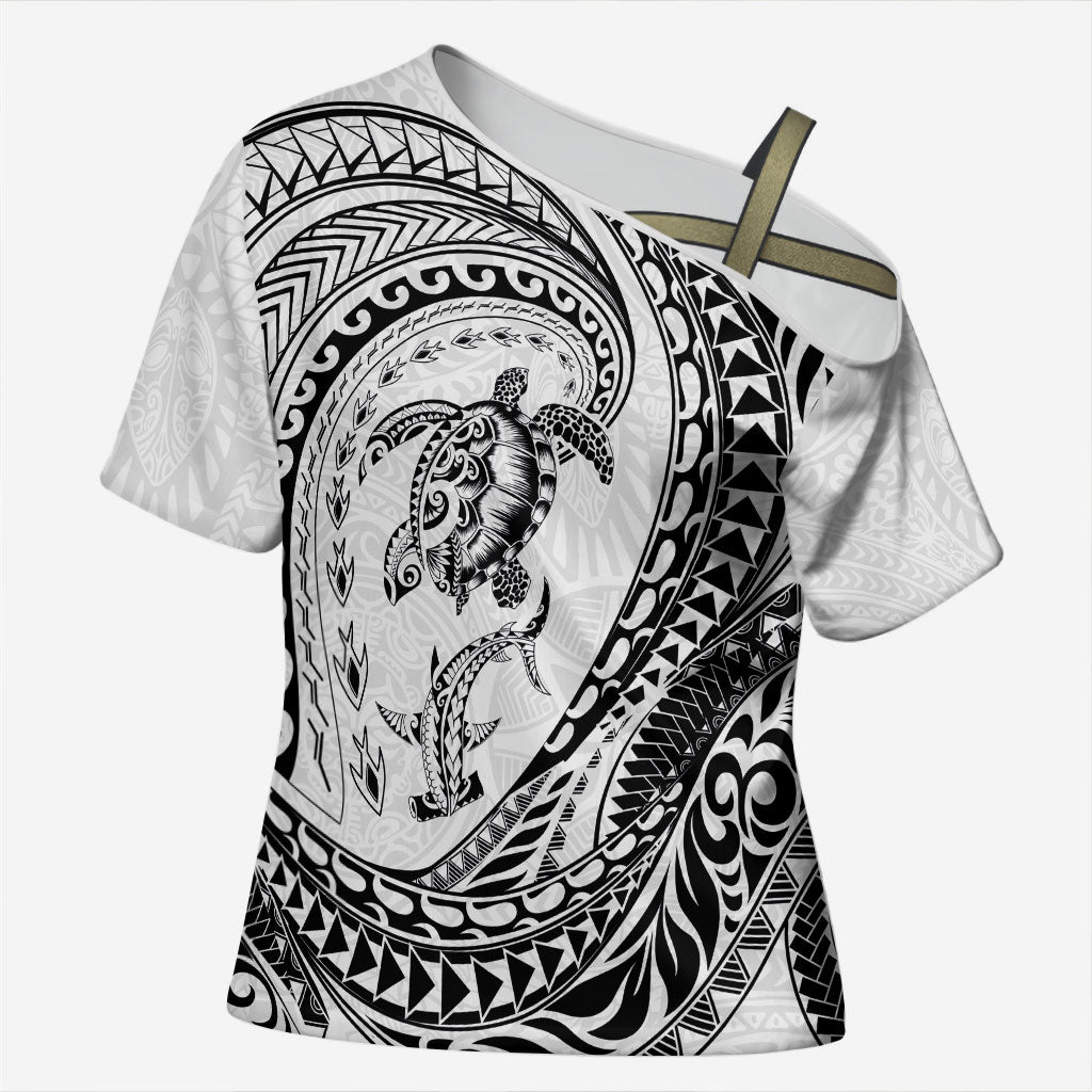 Hawaiian Turtle and Shark Cross Shoulder Shirt Kakau Tribal with Polynesian Pattern White Color