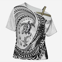 Hawaiian Turtle and Shark Cross Shoulder Shirt Kakau Tribal with Polynesian Pattern White Color