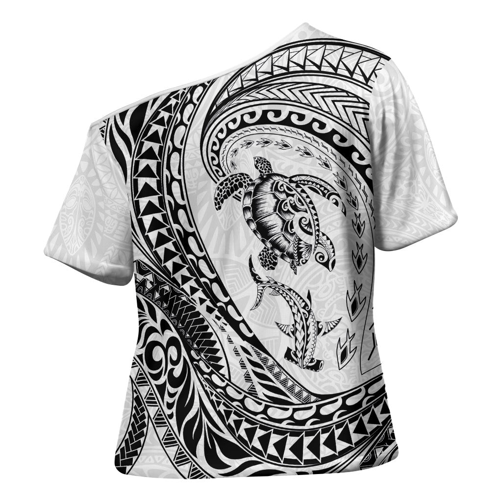 Hawaiian Turtle and Shark Cross Shoulder Shirt Kakau Tribal with Polynesian Pattern White Color