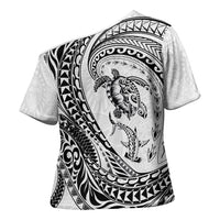 Hawaiian Turtle and Shark Cross Shoulder Shirt Kakau Tribal with Polynesian Pattern White Color