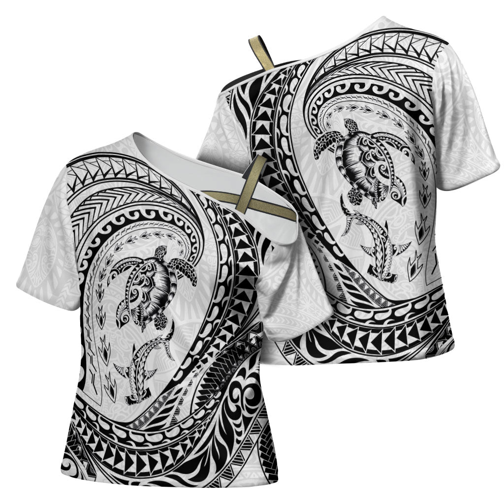 Hawaiian Turtle and Shark Cross Shoulder Shirt Kakau Tribal with Polynesian Pattern White Color