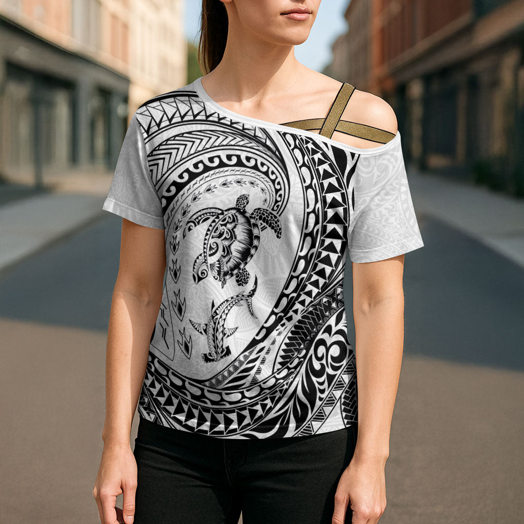 Hawaiian Turtle and Shark Cross Shoulder Shirt Kakau Tribal with Polynesian Pattern White Color