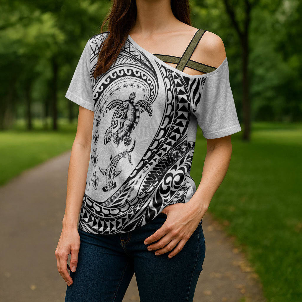 Hawaiian Turtle and Shark Cross Shoulder Shirt Kakau Tribal with Polynesian Pattern White Color