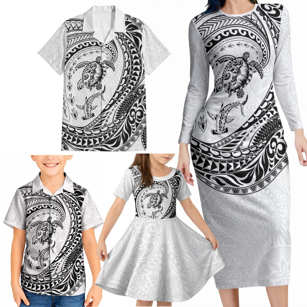 Hawaiian Turtle and Shark Family Matching Long Sleeve Bodycon Dress and Hawaiian Shirt Kakau Tribal with Polynesian Pattern White Color