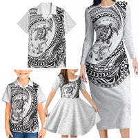 Hawaiian Turtle and Shark Family Matching Long Sleeve Bodycon Dress and Hawaiian Shirt Kakau Tribal with Polynesian Pattern White Color