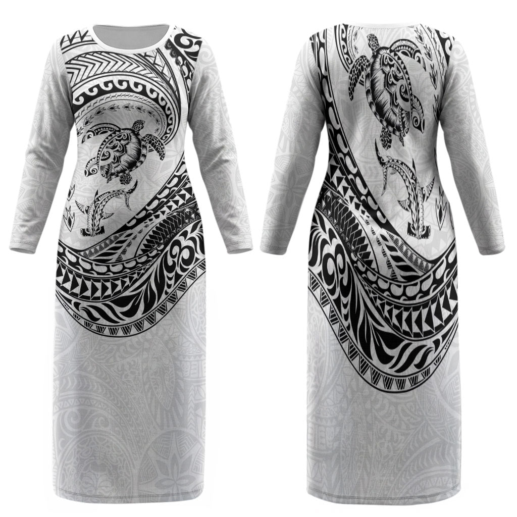 Hawaiian Turtle and Shark Family Matching Long Sleeve Bodycon Dress and Hawaiian Shirt Kakau Tribal with Polynesian Pattern White Color