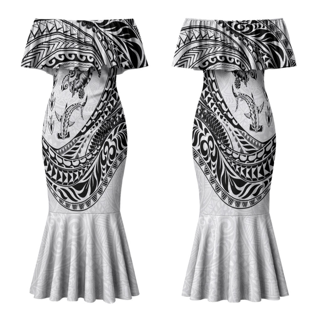 Hawaiian Turtle and Shark Family Matching Mermaid Dress and Hawaiian Shirt Kakau Tribal with Polynesian Pattern White Color