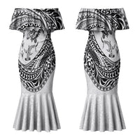 Hawaiian Turtle and Shark Family Matching Mermaid Dress and Hawaiian Shirt Kakau Tribal with Polynesian Pattern White Color