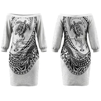 Hawaiian Turtle and Shark Family Matching Off The Shoulder Long Sleeve Dress and Hawaiian Shirt Kakau Tribal with Polynesian Pattern White Color