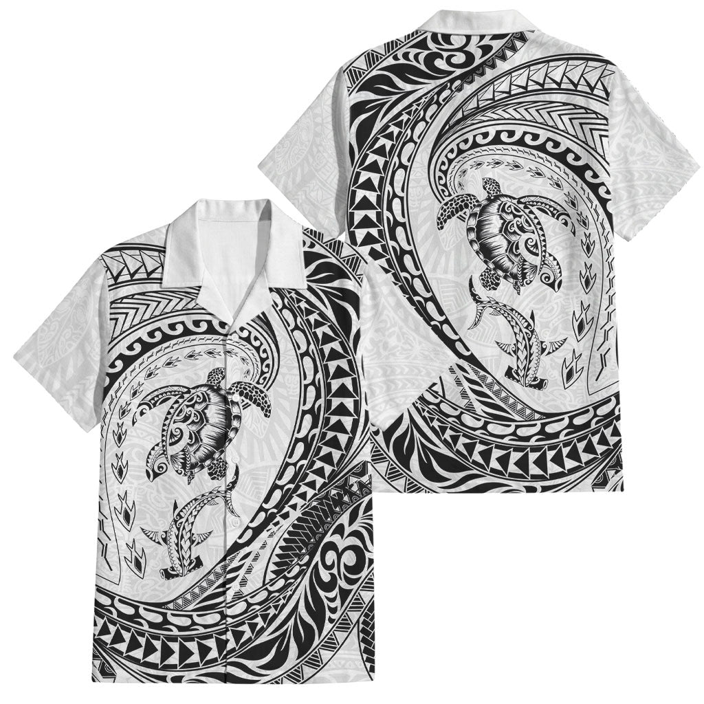 Hawaiian Turtle and Shark Family Matching Off The Shoulder Long Sleeve Dress and Hawaiian Shirt Kakau Tribal with Polynesian Pattern White Color