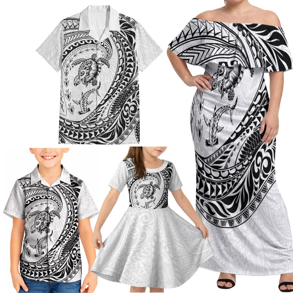 Hawaiian Turtle and Shark Family Matching Off Shoulder Maxi Dress and Hawaiian Shirt Kakau Tribal with Polynesian Pattern White Color
