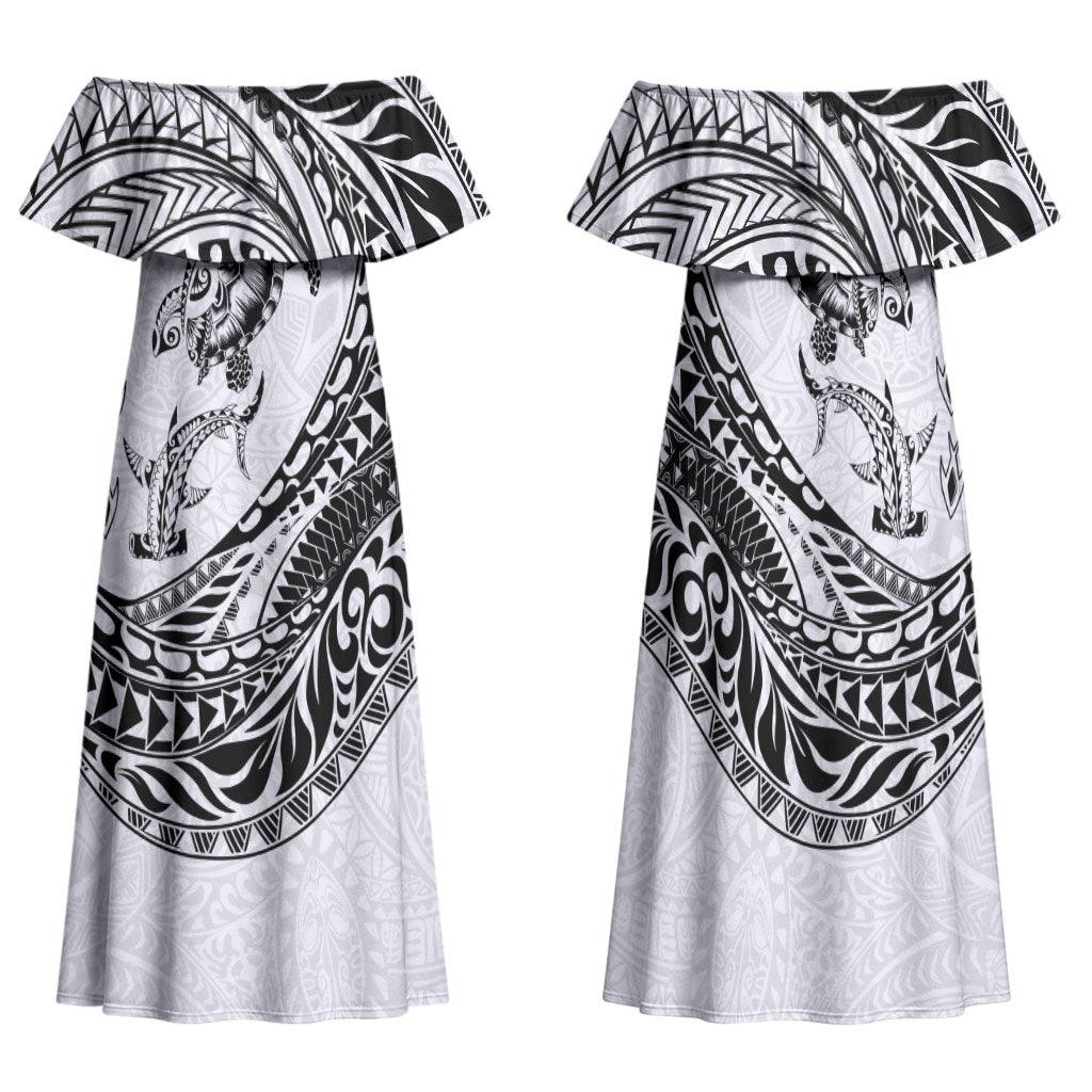 Hawaiian Turtle and Shark Family Matching Off Shoulder Maxi Dress and Hawaiian Shirt Kakau Tribal with Polynesian Pattern White Color