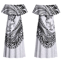 Hawaiian Turtle and Shark Family Matching Off Shoulder Maxi Dress and Hawaiian Shirt Kakau Tribal with Polynesian Pattern White Color
