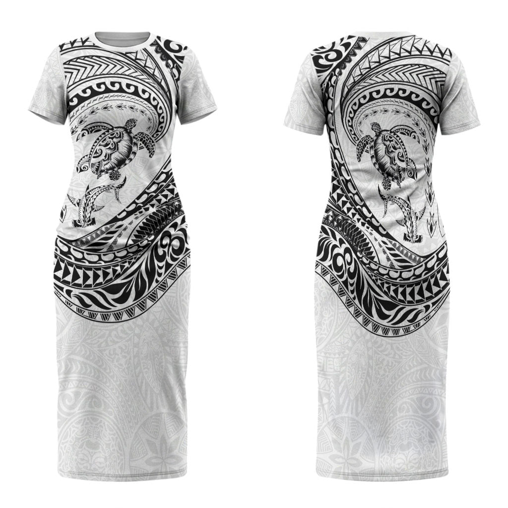 Hawaiian Turtle and Shark Family Matching Short Sleeve Bodycon Dress and Hawaiian Shirt Kakau Tribal with Polynesian Pattern White Color