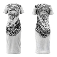 Hawaiian Turtle and Shark Family Matching Short Sleeve Bodycon Dress and Hawaiian Shirt Kakau Tribal with Polynesian Pattern White Color