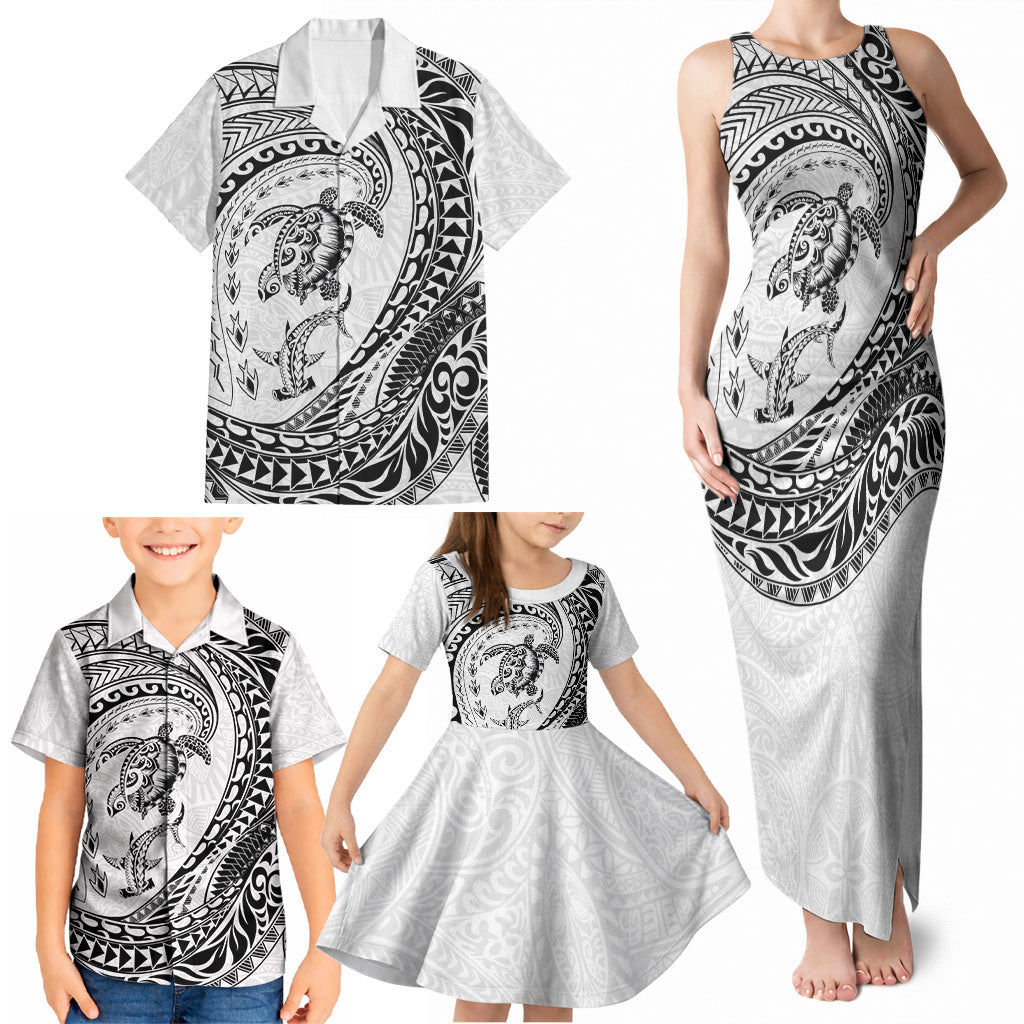 Hawaiian Turtle and Shark Family Matching Tank Maxi Dress and Hawaiian Shirt Kakau Tribal with Polynesian Pattern White Color
