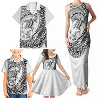 Hawaiian Turtle and Shark Family Matching Tank Maxi Dress and Hawaiian Shirt Kakau Tribal with Polynesian Pattern White Color